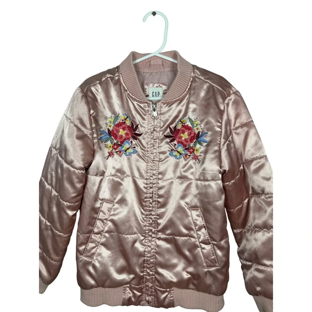 GAP Kids Rose Gold Satin Quilted Bomber Jacket Floral Embroidered Puffer, Small